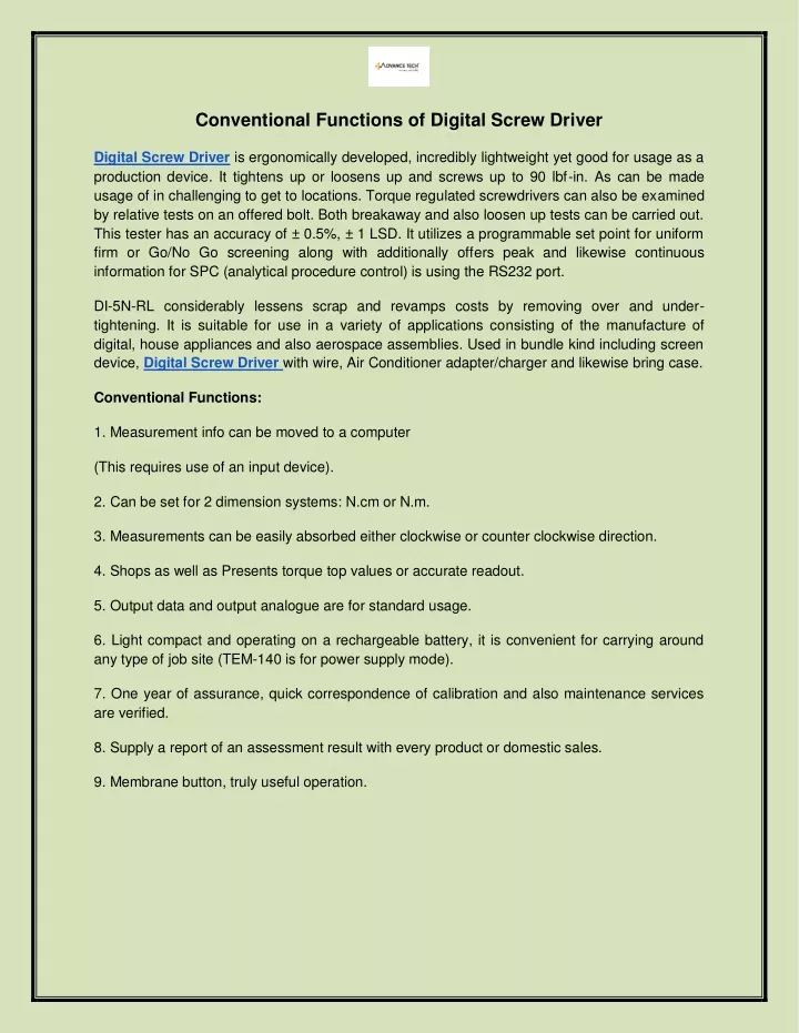 conventional functions of digital screw driver