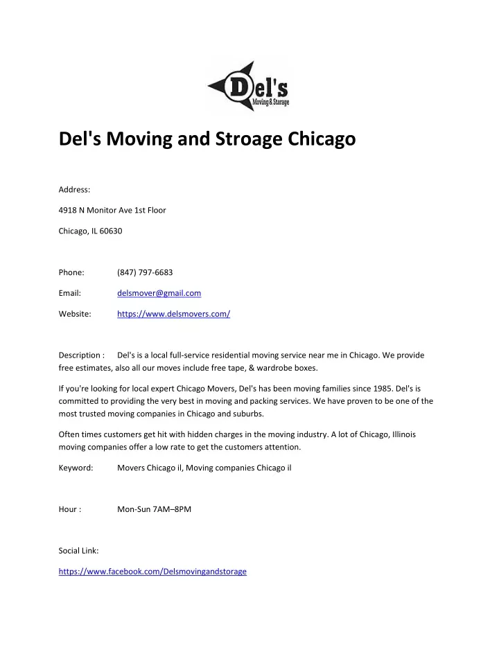 del s moving and stroage chicago