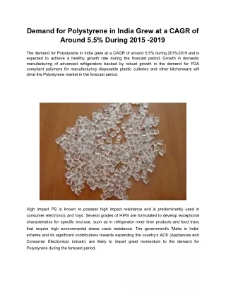 Demand for Polystyrene in India Grew at a CAGR of Around 5.5% During 2015 -2019
