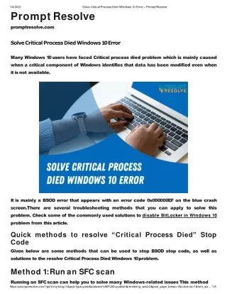 Solve Critical Process Died Windows 10 Error