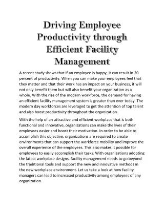 Driving Employee Productivity through Efficient Facility Management