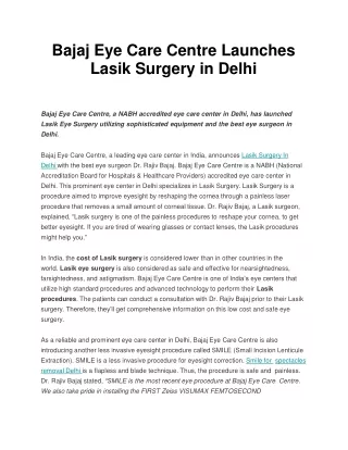 Bajaj Eye Care Centre Launches Lasik Surgery in Delhi