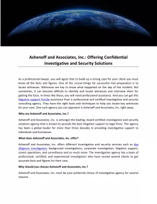 Ashenoff and Associates, Inc.: Offering Confidential Investigative and Security Solutions