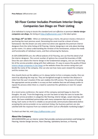 SD Floor Center Includes Premium Interior Design Companies San Diego on Their Listing