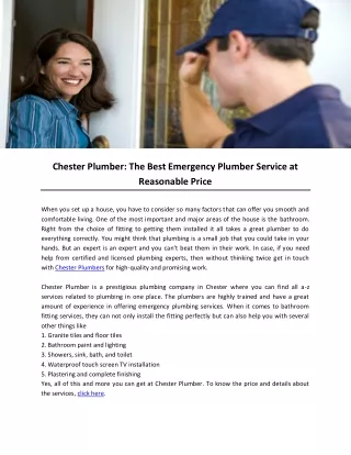 Chester Plumber: The Best Emergency Plumber Service at Reasonable Price