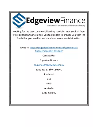 Commercial Lending Specialist in Australia | Edgeviewfinance.com.au