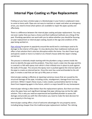 internal pipe coating vs pipe replacement