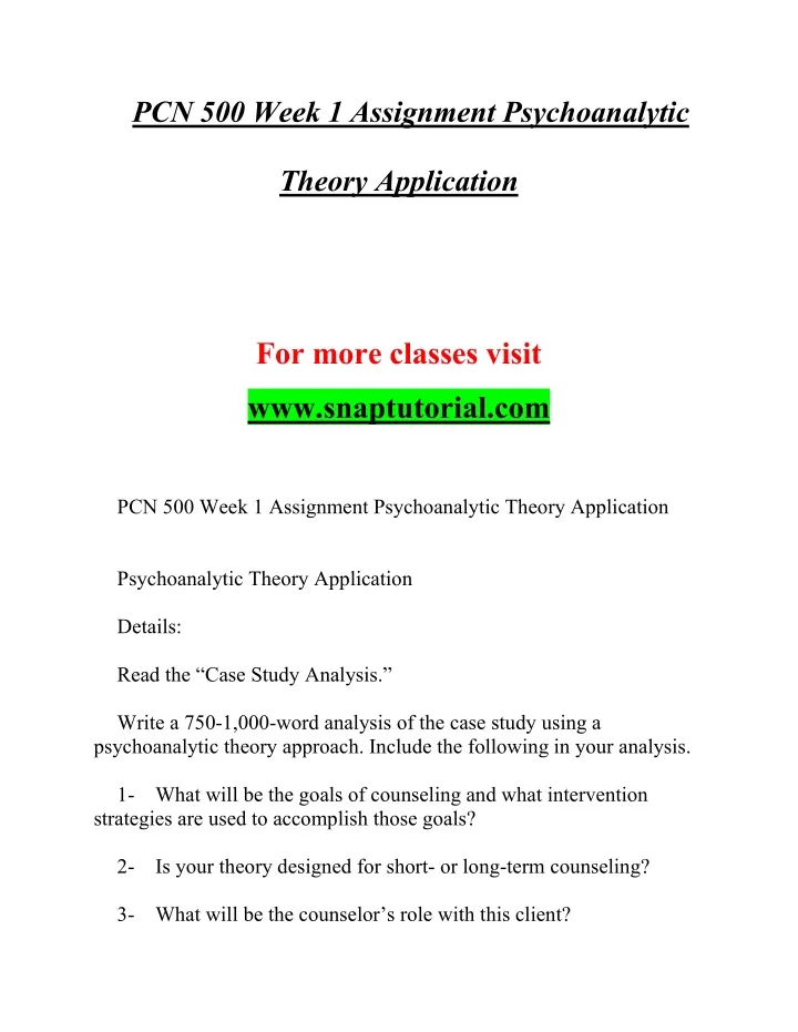 pcn 500 week 1 assignment psychoanalytic