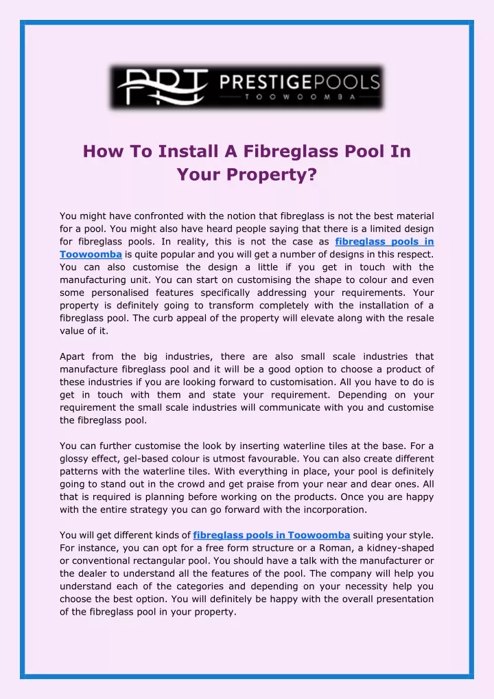 how to install a fibreglass pool in your property