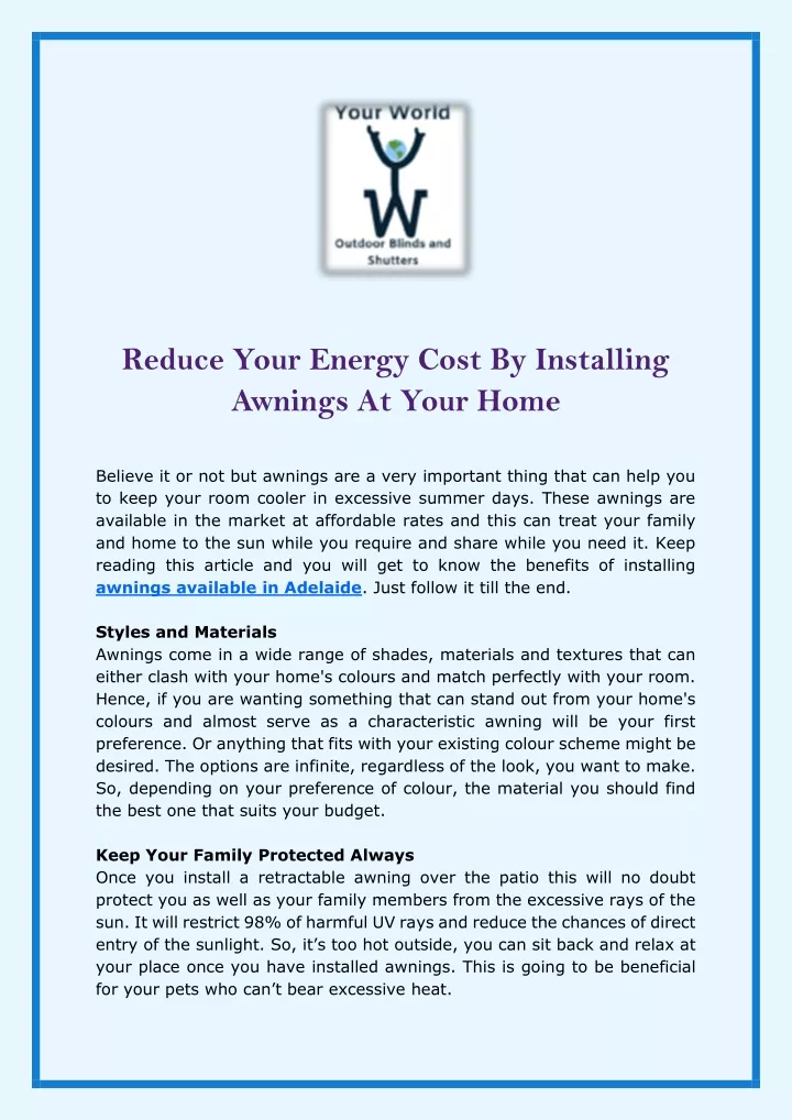 reduce your energy cost by installing awnings