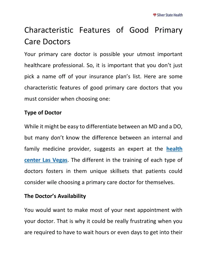 characteristic features of good primary care