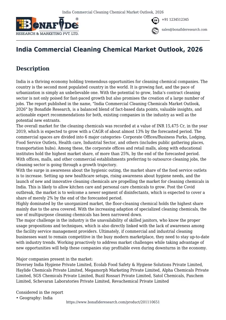 india commercial cleaning chemical market outlook