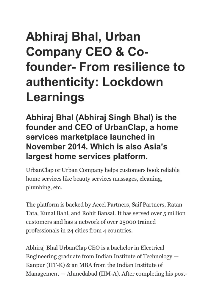 abhiraj bhal urban company ceo co founder from