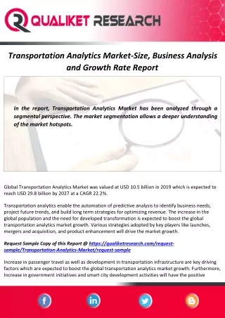 Future Scope of Transportation Analytics Market 2020 | Industry Analysis and Forecast Report by 2027