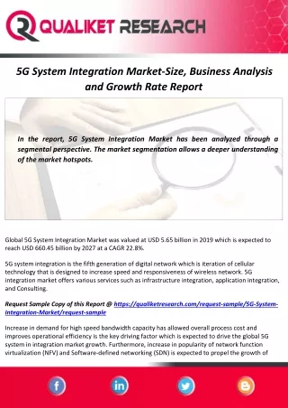 5G System Integration Market Size will Escalate Rapidly in the Near Future | Global Forecast Report by 2027