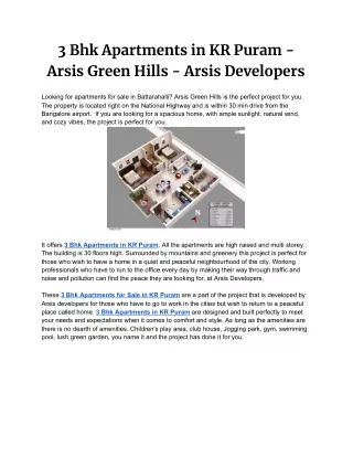 3 Bhk Apartments in KR Puram - Arsis Green Hills - Arsis Developers