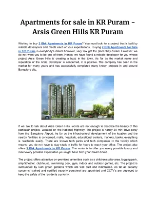 2 Bhk Apartments in KR Puram - Arsis Green Hills - Arsis Developers