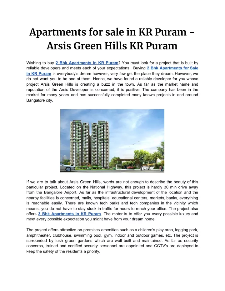 apartments for sale in kr puram arsis green hills