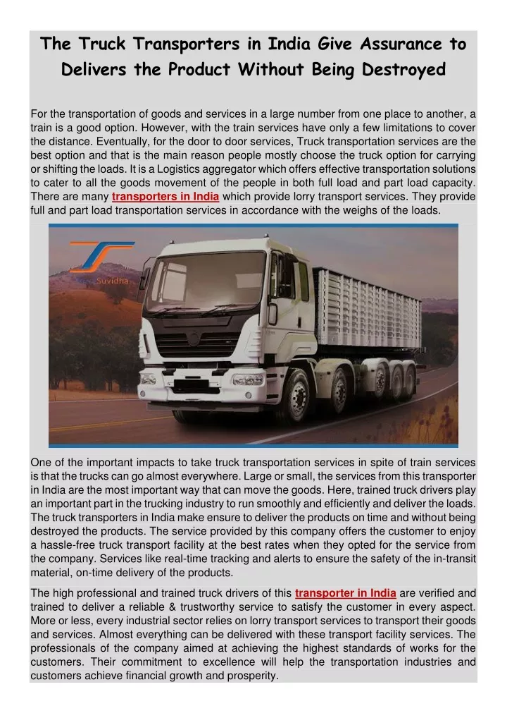 the truck transporters in india give assurance