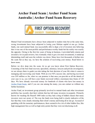 Archer Fund Scam | Archer Fund Scam Australia | Archer Fund Scam Recovery