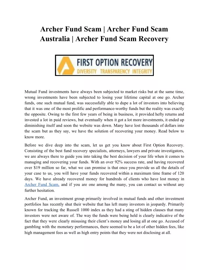 archer fund scam archer fund scam australia