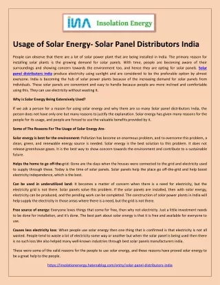 Usage Of Solar Energy- Solar Panel Distributors India