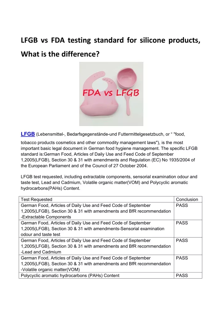 lfgb vs fda testing standard for silicone products