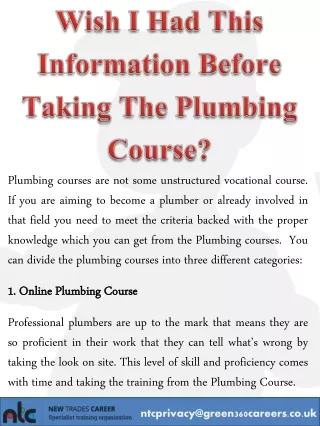 Wish I Had This Information Before Taking The Plumbing Course?