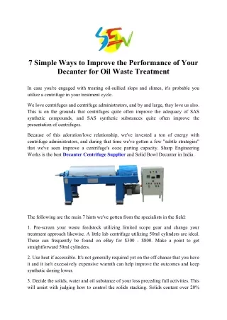 7 Simple Ways to Improve the Performance of Your Decanter for Oil Waste Treatment