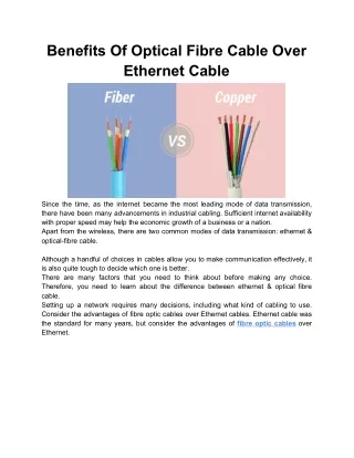 Benefits Of Optical Fibre Cable Over Ethernet Cable