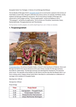 Aarupadai Veedu Tour Packages– 6 Homes of Lord Muruga (Karthikeya)