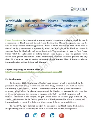 Worldwide Industry for Plasma Fractionation to 2027 - by Product, Application, End-user and Region
