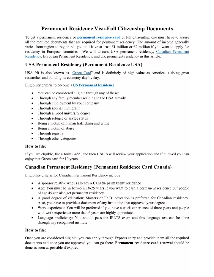 permanent residence visa full citizenship