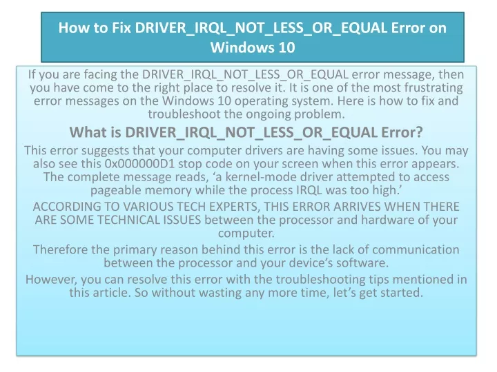 how to fix driver irql not less or equal error on windows 10