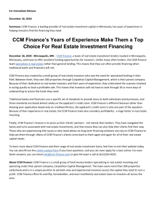 CCM Finance’s Years of Experience Make Them a Top Choice For Real Estate Investment Financing