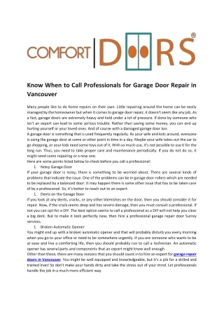 Know When to Call Professionals for Garage Door Repair in Vancouver
