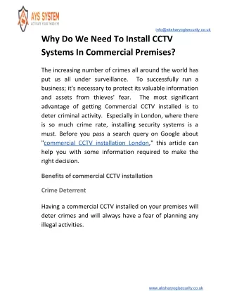 Why Do We Need To Install CCTV Systems In Commercial Premises?