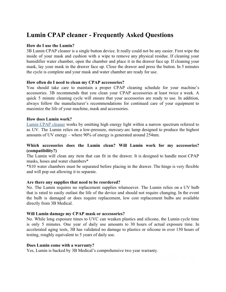 lumin cpap cleaner frequently asked questions