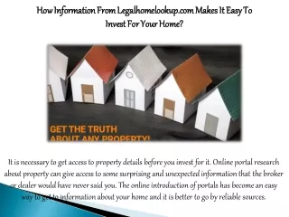 How Information From Legalhomelookup.com Makes It Easy To Invest For Your Home?