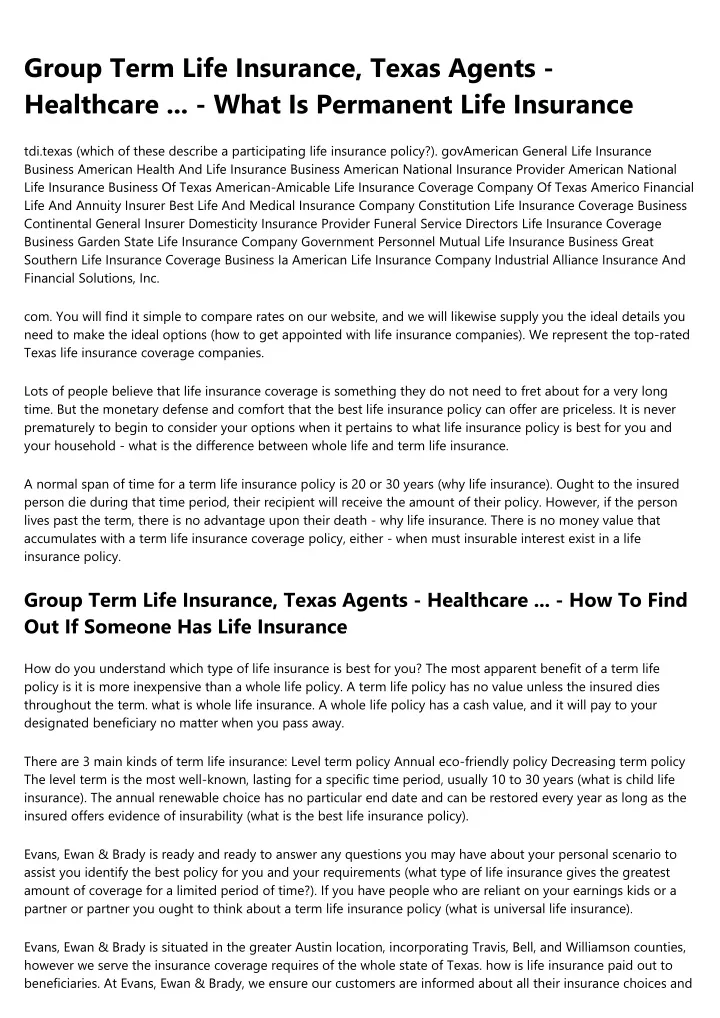 group term life insurance texas agents healthcare