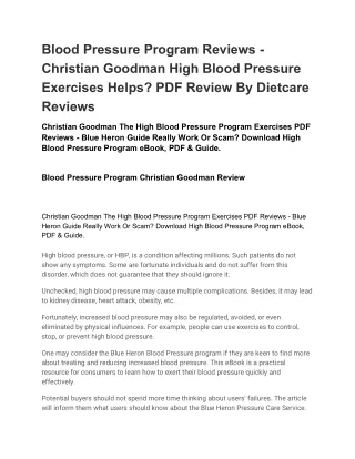 Blood Pressure Program Reviews