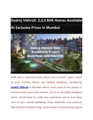 Godrej Vikhroli: 2,3,4 BHK Homes Available At Exclusive Prices In Mumbai