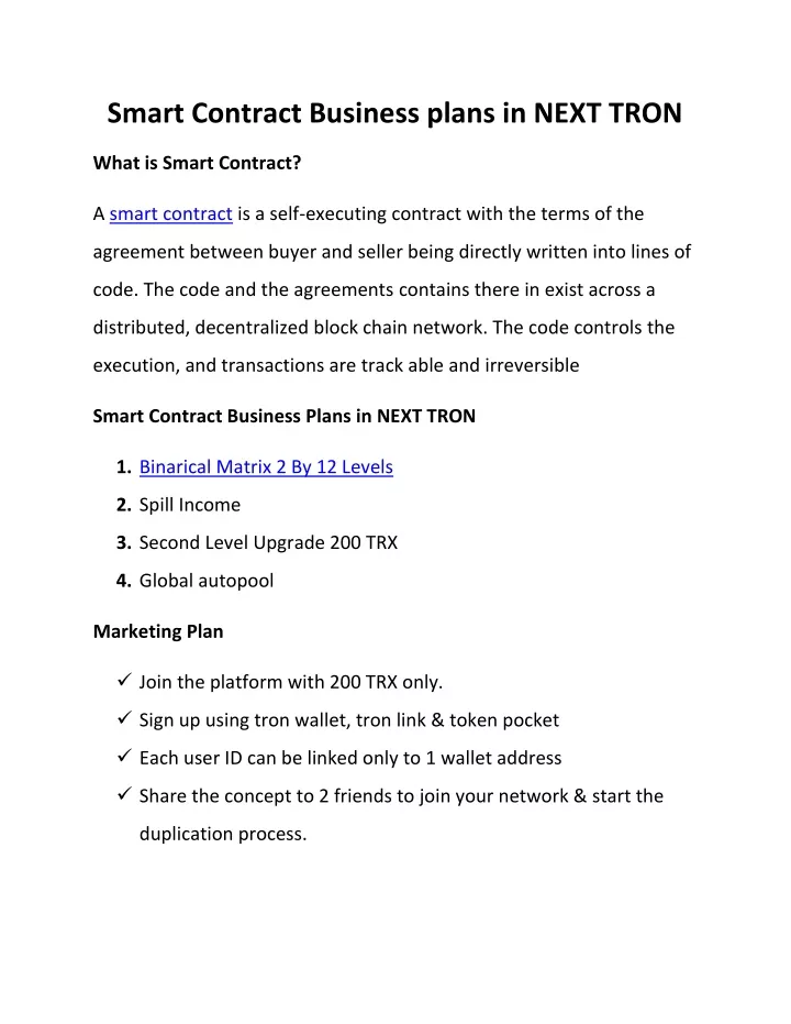 smart contract business plans in next tron