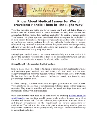 Know About Medical Issues for World Travelers: Handle Them in The Right Way!