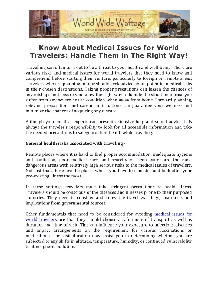 know about medical issues for world travelers
