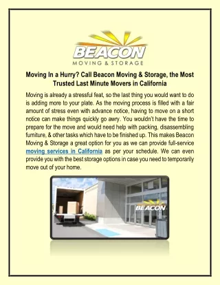Moving In a Hurry? Call Beacon Moving & Storage, the Most Trusted Last Minute Movers in California