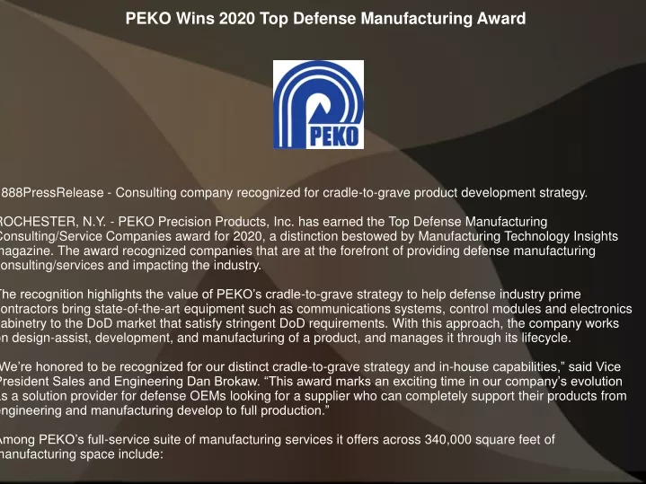 peko wins 2020 top defense manufacturing award