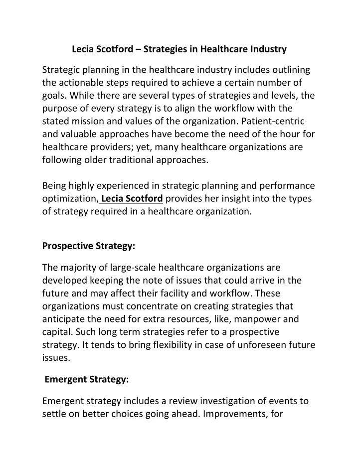 lecia scotford strategies in healthcare industry