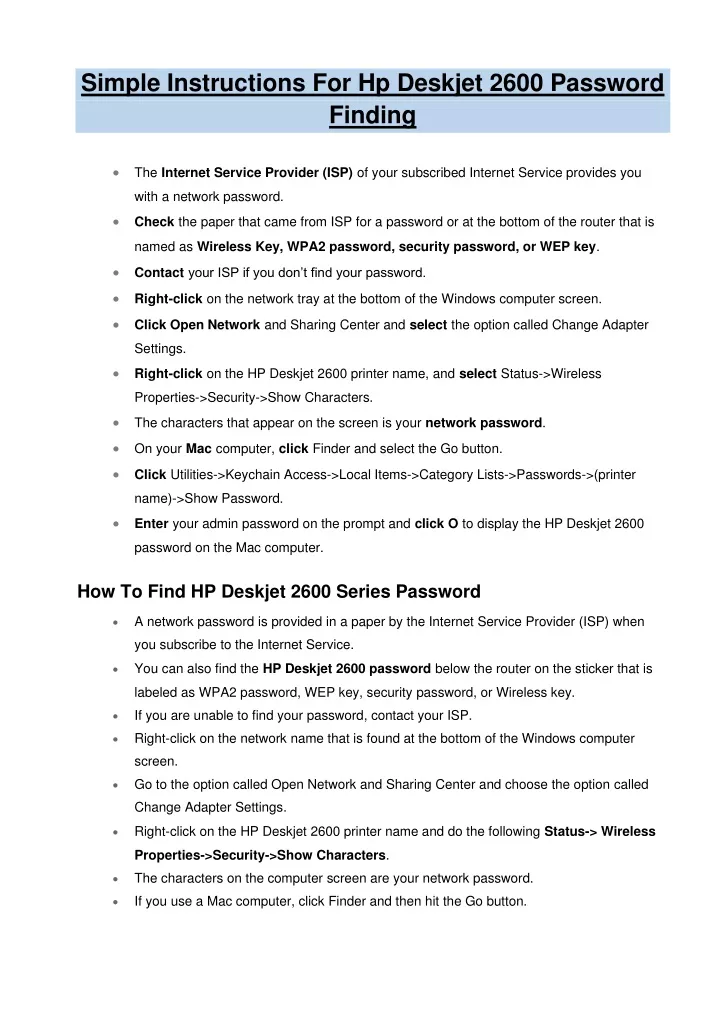 simple instructions for hp deskjet 2600 password