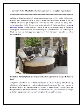 Upholstery Doctor Offers Outdoor Furniture Upholstery and Cheap Sofa Repair in Dubai